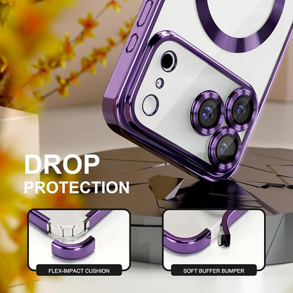 Misea Magnetic for iPhone 17 Pro Max Case Compatible with MagSafe [Never Yellowing] [Military Grade Drop Protection] Full Camera Lens Protector Plating Soft Clear Phone Case for Women, Deep Purple