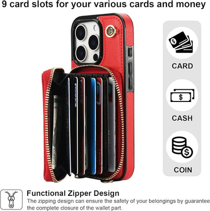 Bocasal Crossbody Wallet Case for iPhone 16 Pro, RFID Blocking Leather Purse Case with Card Holder, Protective Handbag Flip Cover with Zipper Wrist Strap Lanyard for Women 5G 6.3 Inch (Red)