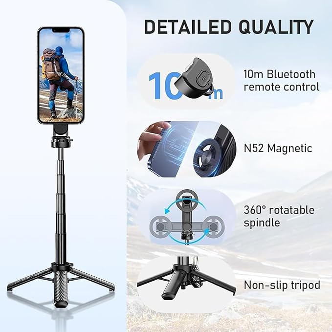 4-in-1 Multifunctional Magnetic Selfie Stick,360° Rotation Phone Tripod, Wireless Remote. Portable Extendable Mag Tripod,for Video Recording & Vlog. Portable Pocket Size for iPhone & Android
