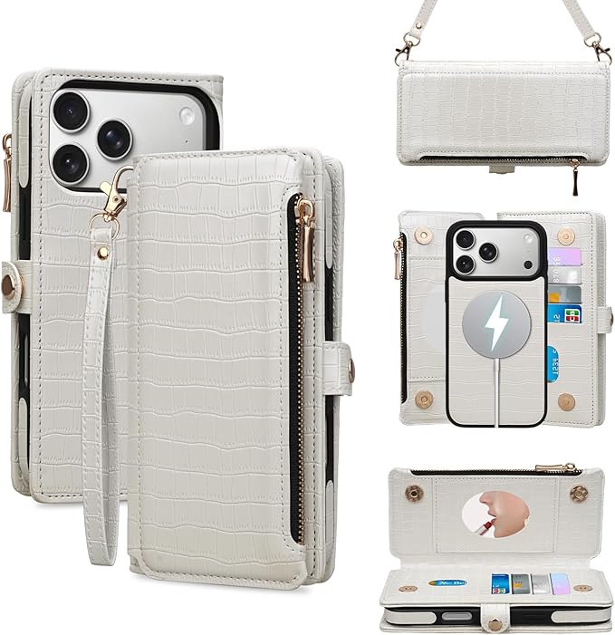 Crossbody Wallet Case for iPhone 17 Pro Max with Mirror, Wrist Strap, Detachable Zipper Purse, Magnetic Flip RFID Blocking Card Holder, Wireless Charging Case 6.9" Women (Textured White)