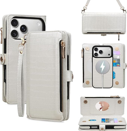 Crossbody Wallet Case for iPhone 17 Pro Max with Mirror, Wrist Strap, Detachable Zipper Purse, Magnetic Flip RFID Blocking Card Holder, Wireless Charging Case 6.9" Women (Textured White)