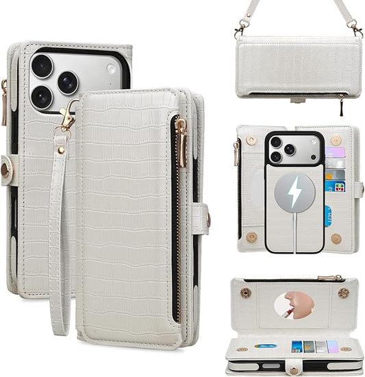 Crossbody Wallet Case for iPhone 17 Pro Max with Mirror, Wrist Strap, Detachable Zipper Purse, Magnetic Flip RFID Blocking Card Holder, Wireless Charging Case 6.9" Women (Textured White)