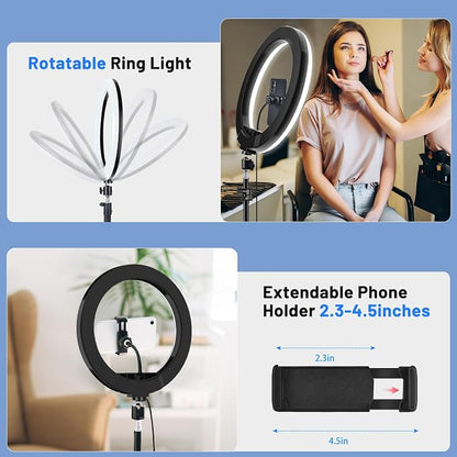 12'' Ring Light with Stand 75'' Tall & Phone Holder, 100+ Color Modes Selfie Light with Tripod Stand, Big LED Circle Lights for iPhone/Android/Camera/YouTube/Makeup/Live Stream/TikTok/Video