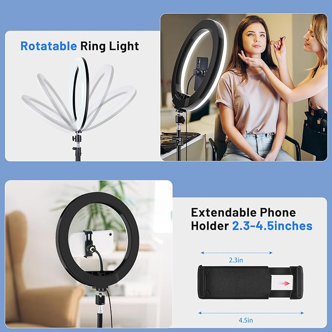 𝗡𝗲𝘄𝗲𝘀𝘁 13" Selfie Ring Light with 63" Stand and 3 Phone Holder, 53 Lighting Modes, iPad Holder, Remote, Desk Tripod, RGB Ringlight for iPhone. Vlogging Circle Led Halo Light Photo Video Kit