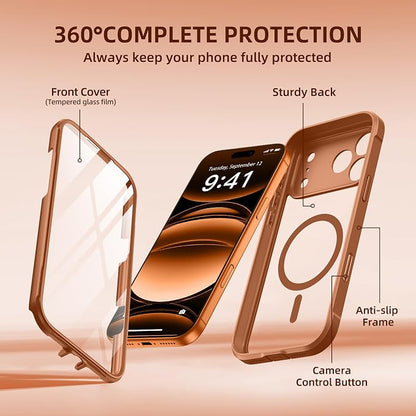 BERFY for iPhone 17 Pro Case, Compatible with MagSafe, Built-in Glass Screen Protector, Camera Protection, Shockproof Full Body Phone case 6.3", Clear Dark Orange