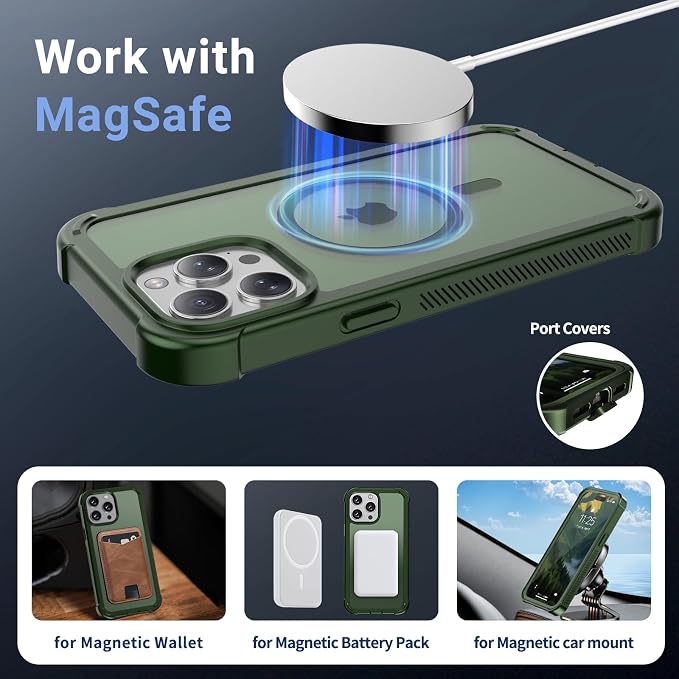 jaroco Magnetic for iPhone 15 Pro Case, [Compatible with MagSafe][Military Grade Drop Protection][Heavy Duty Protection][Non-Slip][Shockproof] 2-Layer Durable Bumper Phone Case 6.1''-Army Green