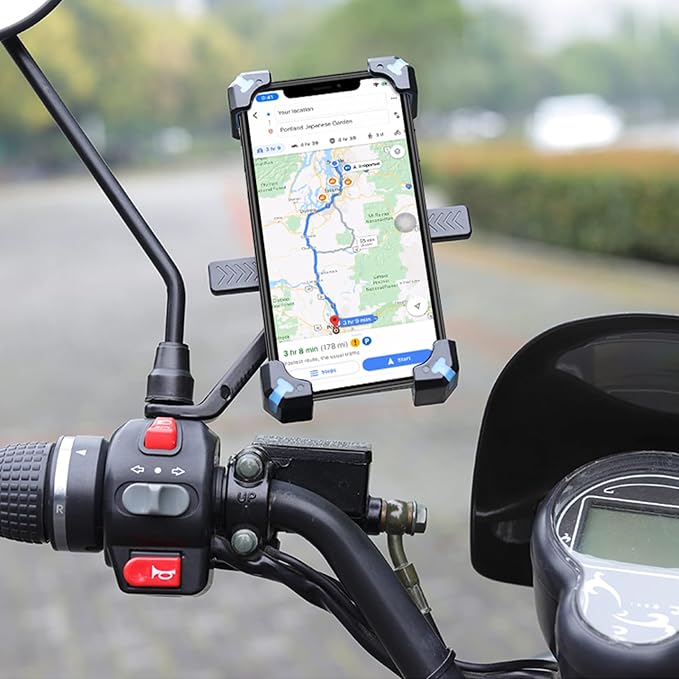 Motorcycle Phone Mount, Quick Release Motorbike Phone Holder Anti Shake Moped Scooter Rearview Mirror Holder Mount Universal for 4.0-6.8 Inch Smartphone - 360° Rotation Adjustable – Blue