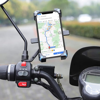 Motorcycle Phone Mount, Quick Release Motorbike Phone Holder Anti Shake Moped Scooter Rearview Mirror Holder Mount Universal for 4.0-6.8 Inch Smartphone - 360° Rotation Adjustable – Blue