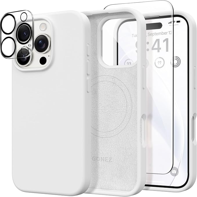 GONEZ Magnetic for iPhone 16 Pro Max Case, Compatible with MagSafe, Liquid Silicone Case, with Screen Protector + Camera Protector, Full Body Protective Shockproof Phone Cover 6.9", White