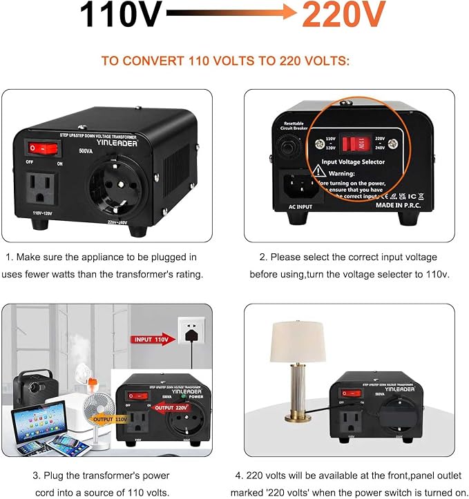 Yinleader 110v to 220v European Voltage Converter Transformer 500W | Step Up Converter 110/120 Volt to 220/230/240 Volt or Step Down 220 to 110,[110V US Power Cord Included Only, No 220V Cord]