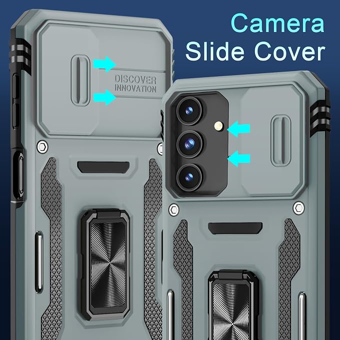 DEERLAMN Case for Samsung Galaxy A16 5G with Slide Camera Cover+Screen Protector (1 Pack), Rotated Ring Kickstand Military Grade Shockproof Protective Cover-Grey