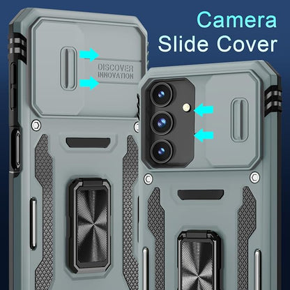 DEERLAMN Case for Samsung Galaxy A16 5G with Slide Camera Cover+Screen Protector (1 Pack), Rotated Ring Kickstand Military Grade Shockproof Protective Cover-Grey