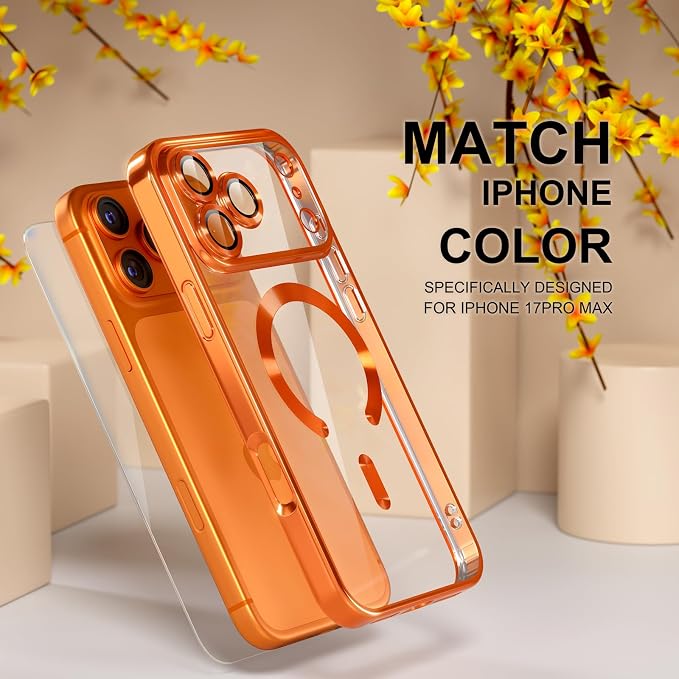 Misea Magnetic for iPhone 17 Pro Max Case Compatible with MagSafe [Never Yellowing] [Military Grade Drop Protection] Full Camera Lens Protector Plating Soft Clear Phone Case for Women, Cosmic Orange
