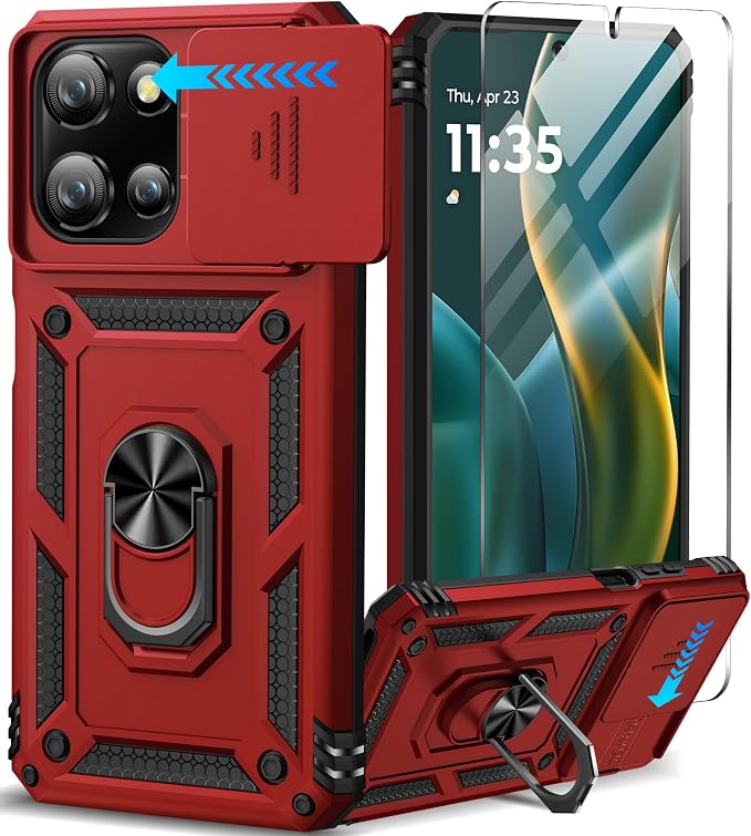 Taisairu for Motorola Moto G 2025/G 2026/G Play 2026 Case with Screen Protector & Slide Camera Lens Cover, Built-in Ring Stand Case for Moto G 2026/G 2025/G Play 2026 (Red)