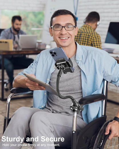 Gooseneck Phone Holder for Wheelchair, Stroller, Golf Cart, Boat, Mic Stand, Indoor Cycling Bike, Gym Bicycle Handlebar Clamp for iPhone Air 17 Pro Max 16 15 14 13 12 Plus, S25, 4.7 to 7" Smartphones