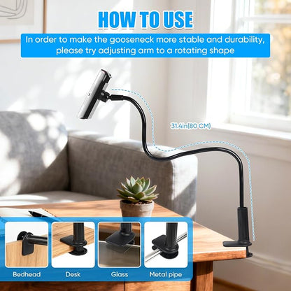 Gooseneck Tablet Holder for Bed, Tablet Stand Clamp Flexible Long Arm Adjustable Lazy Bracket for Desk Phone Mount, Compatible with iPad mini, for Kindle, for Switch, for All 4" - 9" Devices