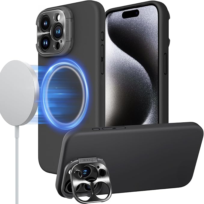 Nillkin for iPhone 15 Pro Case Silicone Upgraded[Compatible with MagSafe][Innovation Metal Camera Invisible Stand] Military Grade Protection Shockproof Phone Case for iPhone 15 Pro 6.1'' Black