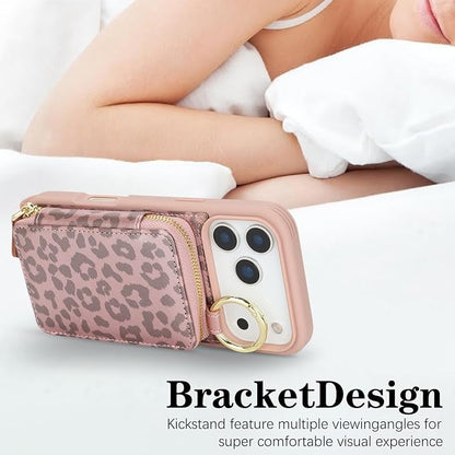 Crossbody Wallet Case for iPhone 17 Pro Max, PU Leather Zipper Handbag Purse Flip Cover, Kickstand Folio Case with Card Slots Holder Wrist Strap Lanyard 5G 6.9 Inch-Pink Leopard