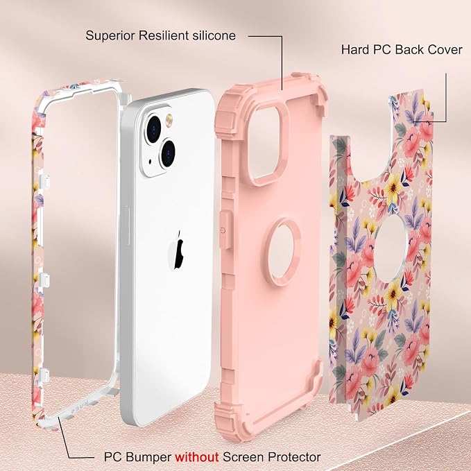 Hocase for iPhone 15 Case, Heavy Duty Shockproof Protection Soft Silicone Rubber Bumper+Hard Plastic Hybrid Protective Case for iPhone 15 (6.1" Display) 2023 - Cute Pink Yellow Flowers