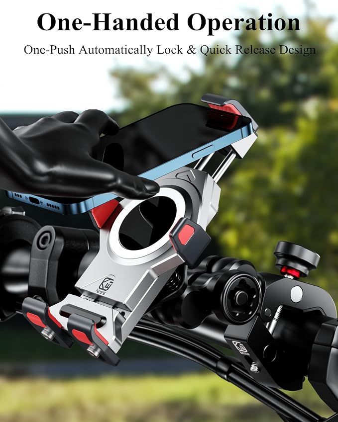 BRCOVAN Anti-Theft Aluminum Alloy Motorcycle Phone Mount Holder with Vibration Dampener & Secure Lock, Adjustable Bike Handlebar Cellphone Mount for Bicycle Scooter ATV UTV, Fit 4.7''-7.2'' Smartphone