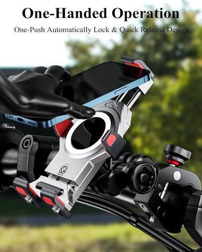BRCOVAN Anti-Theft Aluminum Alloy Motorcycle Phone Mount Holder with Vibration Dampener & Secure Lock, Adjustable Bike Handlebar Cellphone Mount for Bicycle Scooter ATV UTV, Fit 4.7''-7.2'' Smartphone