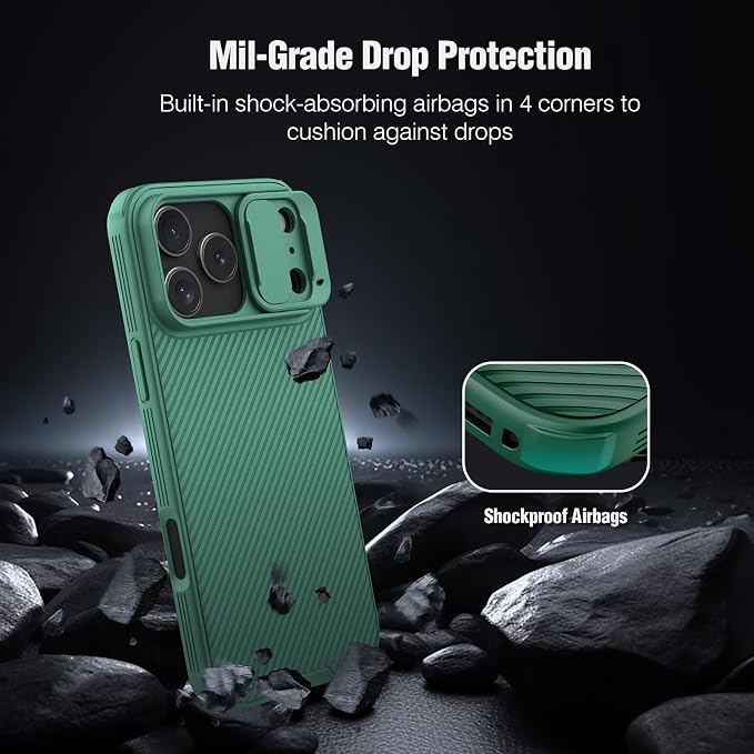 Nillkin Camshield Case for iPhone 17 Pro Max Case, [Built-in Dual Camera Cover][Slim Profile] [Military Grade Drop Protection] Shockproof Bumper Phone Case 6.9 inch 2025 Green