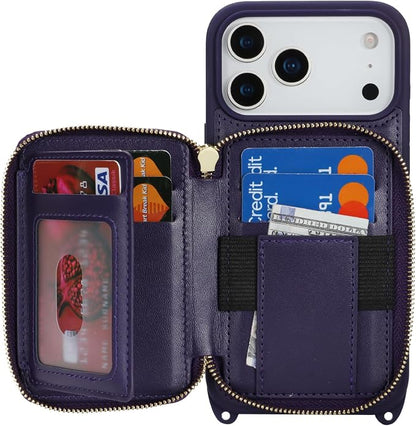 Crossbody Wallet Case for iPhone 17 Pro Max, PU Leather Zipper Handbag Purse Flip Cover, Kickstand Folio Case with Card Slots Holder Wrist Strap Lanyard 5G 6.9 Inch-Purple