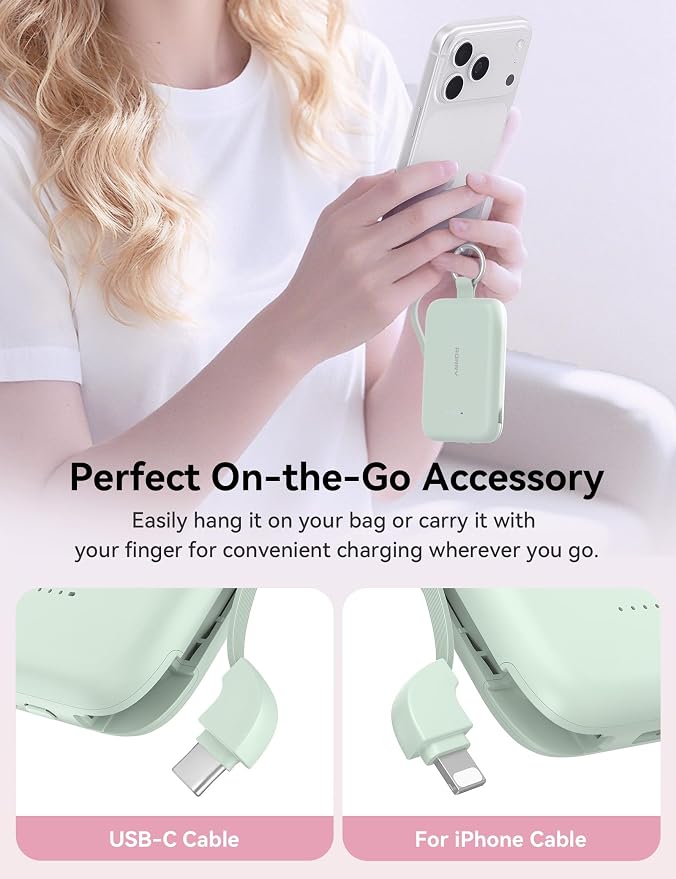 RORRY Portable Charger, 10000mAh PD 30W Fast Charging Portable Charger Power Bank with Built-in Cables, Travel Keychain Charger Battery Pack for iPhone 17/16/15/14/13/12, for AirPods 2/3/4/Pro, Green