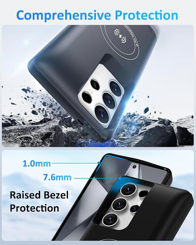 Battery Case for Samsung Galaxy S22Ultra/S23Ultra(6.8''), 10000mAh Qi Wireless Charging Magnetic Rechargeable Extended Charge Case, Portable Protective Power Bank for Galaxy S22 Ultra Black