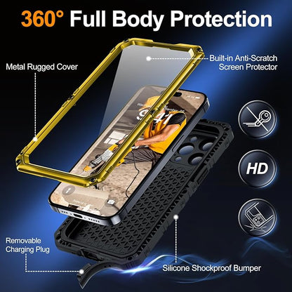 Mitywah Wateproof Case for iPhone 15 Pro Max, Military Grade Shockproof Cover for Outdoor Workers, Heavy Duty Metal Full Body Phone Case with Built-in Screen Protector, 6.7", Yellow