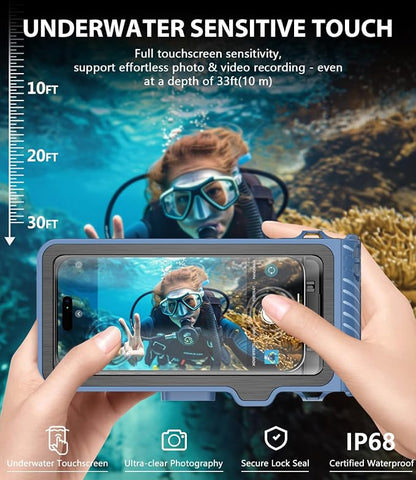 Waterproof Phone Case for Snorkeling - Underwater Touchscreen Housing, Universal Underwater Photo&Video Diving Case for iPhone 16/15/14 Pro Max Samsung Galaxy S25/S24 Ultra Up to 6.9'' Blue