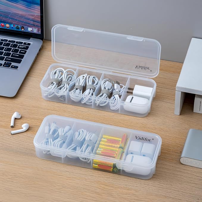 Vidifor 5-Pack Clear Cable Organizer Box with 40 Cable Ties, Portable Cord & Charger Storage for Drawer, Desk, Office & Home (5, Small)