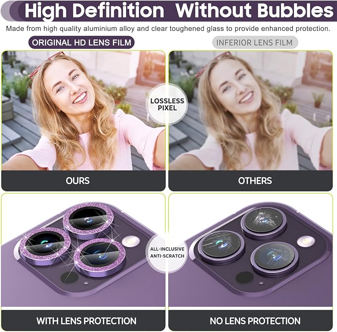 Suoman for iPhone 14 Pro Max Camera Lens Protector / 14 Pro Camera Lens Protector, Camera Cover Tempered Glass for iPhone 14 Pro Max 6.7 inch/for iPhone 14 Pro 6.1 inch [Perfectly Fit]-Bling-Purple