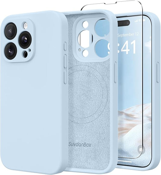 Magnetic for iPhone 15 Pro Max Case, Compatible with MagSafe, [Full Camera Protection][Screen Protector] Silicone Shockproof Protective Phone Case for iPhone 15 Pro Max 6.7", Light Blue