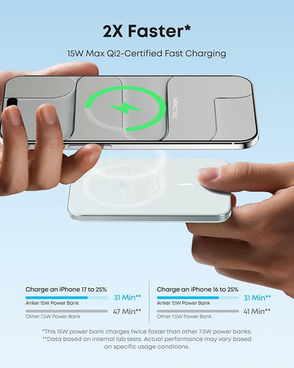 Anker Nano MagSafe Power Bank, Ultra-Slim 5,000mAh Magnetic Wireless Charging Battery, Qi2 Certified 15W Max MagSafe-Compatible Portable Charger, Ergonomic Design, for iPhone Air/17/16 Series
