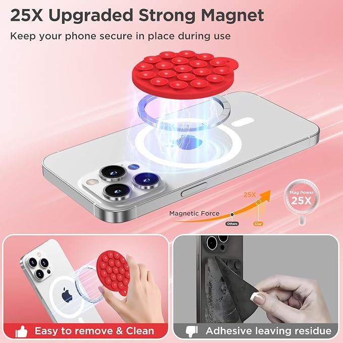 Magnetic Suction Cup Phone Mount, Compatible with MagSafe, Silicone Octo Cup Buddy Sticky Grip Holder for iPhone and Android, Removable Hands-Free Phone Stand Selfie/Video for TikTok, Red