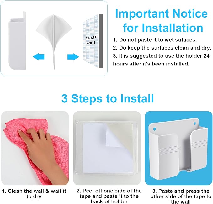 Jetec 8 Pieces Wall Mount Phone Holder Adhesive Remote Control Storage Box Wall Mount Charging Phone Stand Holder Adhesive Non Slip Media Organizer Storage Box for Bedroom Kitchen Bathroom (White)