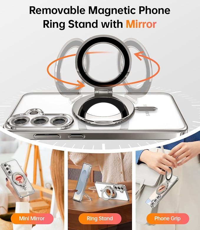 Meifgino Magnetic Case with Removable Phone Ring Stand for Samsung Galaxy S25 Plus, [Glitter Card & Wrist Strap] [MagSafe Compatible] [Built in Mirror] Phone Ring Stand + Phone Case Kit, Silver
