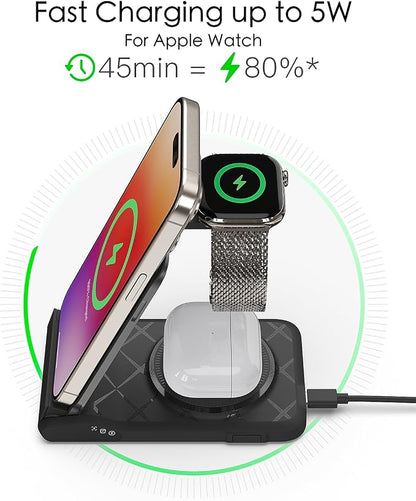 3 in 1 Charging Station for Multiple Devices,Travel Wireless Charging Station, Foldable Charger for iPhone 16/15/14/13/12/SE/11/X/8 Series,& Android Phone,& AirPods,& iWatch (Adapter Not Included)