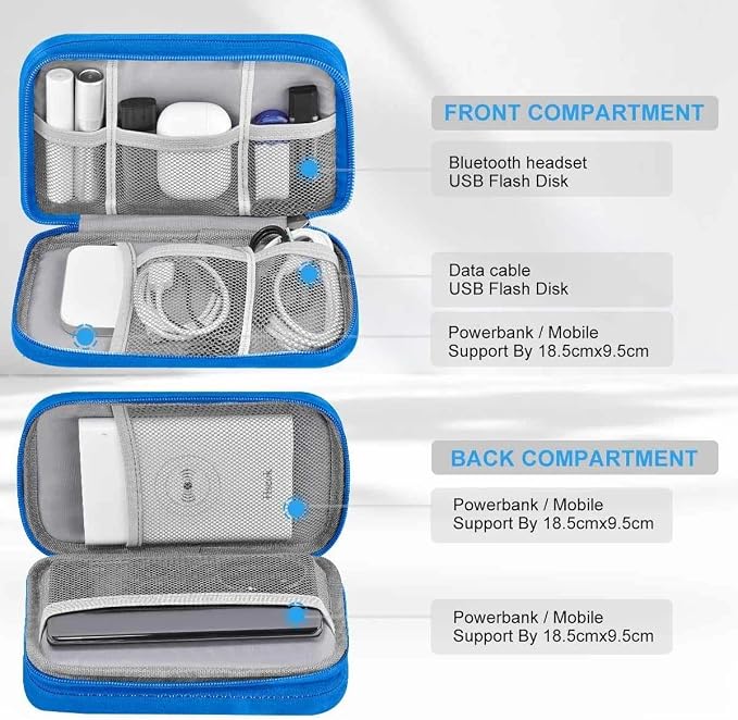 ZINMARK Portable Cable Organizer Case,Travel Pouch with Double-Layer Storage for Cables,Chargers,Earbuds & Phone,Black Blue– Small Size