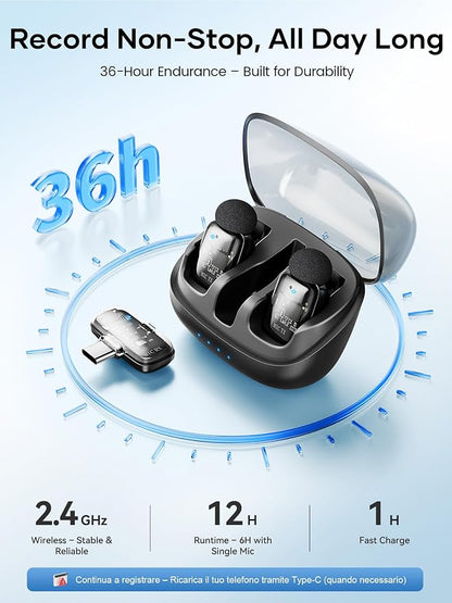 Wireless Lavalier Microphone for iPhone iPad Android with Charging Case,Lapel Mic with Noise Reduction,36H Battery Life, Plug and Play Mini Microphone for Video Recording,YouTube,Vlog,Live Streaming