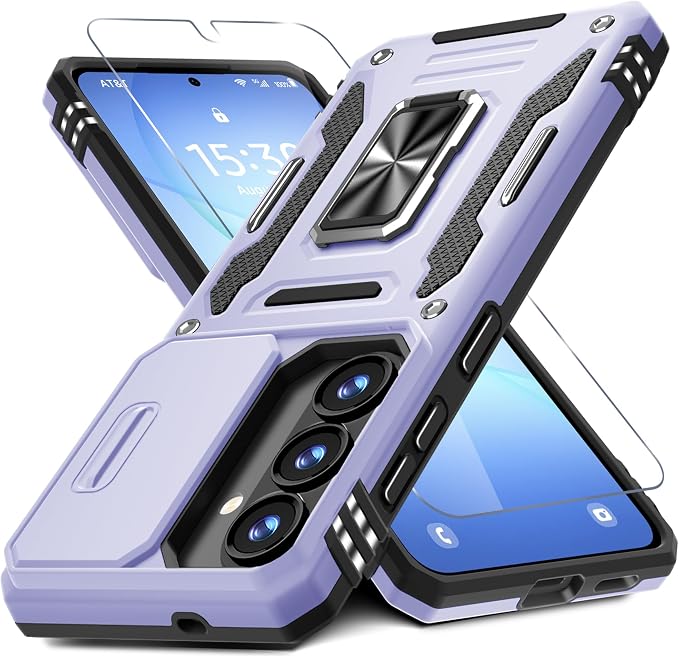 DEERLAMN Case for Samsung Galaxy S26 6.3-Inch with Slide Camera Cover+Screen Protector(1 Pack), Rotated Ring Kickstand Military Grade Shockproof Protective Cover-Light Purple