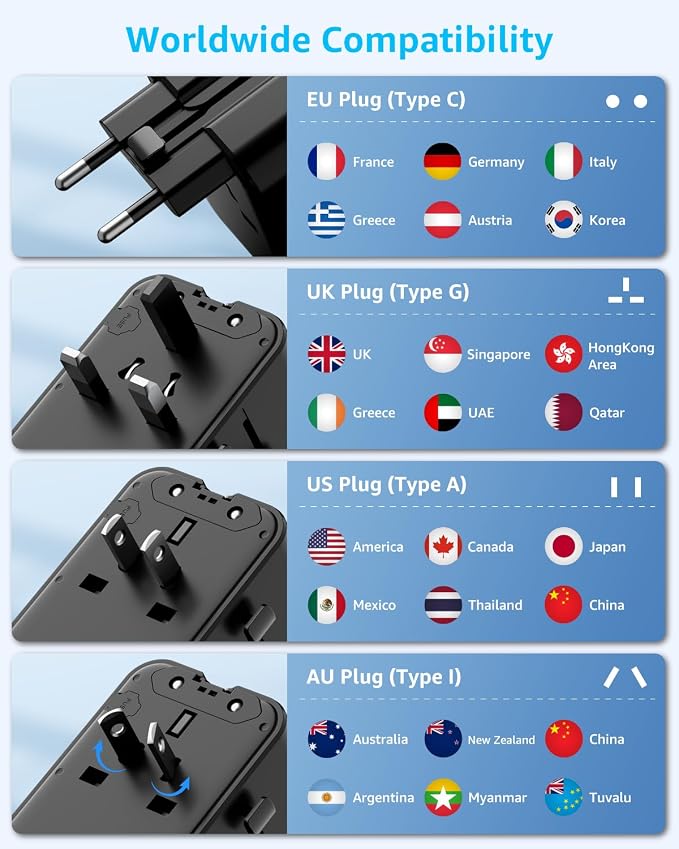 “Air” Universal Travel Adapter 2 USB-C＆ 2 USB-A Cover 200+ Countries | PD 25W, International Plug Adapter, All in One Portable Adapter, NOT A Voltage Converter, for USA, UK, EU, AU (Black)
