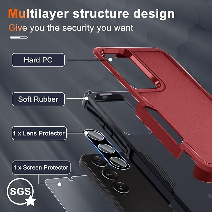RMOCR Case for Samsung Galaxy S25 Plus, Full Body Heavy Duty Rugged Shockproof Protective Phone Cover with Lanyard Strap, Tempered Glass Screen Protector and Camera Lens Cover, Red