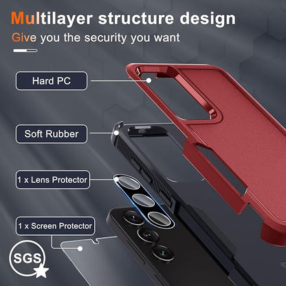 RMOCR Case for Samsung Galaxy S25 Plus, Full Body Heavy Duty Rugged Shockproof Protective Phone Cover with Lanyard Strap, Tempered Glass Screen Protector and Camera Lens Cover, Red