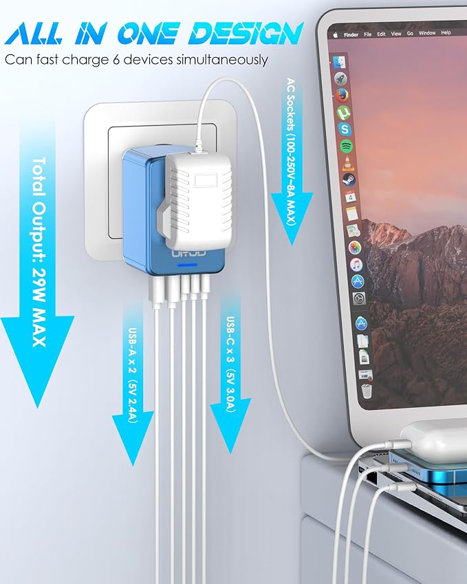 Universal Travel Adapter with 5 USB C/A Ports 30W Fast Charging, Blue | International Power Adapter for Europe UK Japan 200+ Countries, Travel Charger for Phone Laptop, 10A Fuse, 2500W AC Outlet