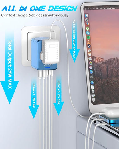 Universal Travel Adapter with 5 USB C/A Ports 30W Fast Charging, Blue | International Power Adapter for Europe UK Japan 200+ Countries, Travel Charger for Phone Laptop, 10A Fuse, 2500W AC Outlet