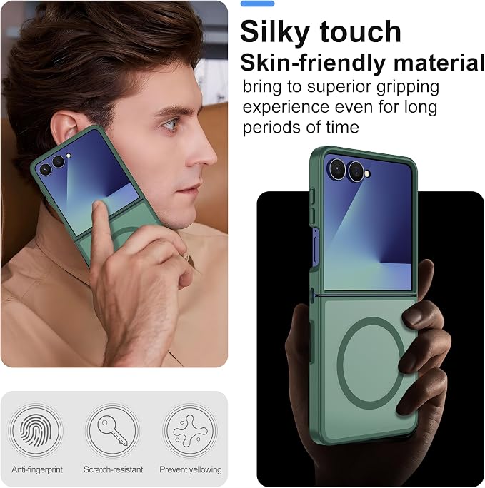 Pilaru for Samsung Galaxy Z Flip 7 case [Compatible with Magsafe] Translucent Matte Magnetic Phone Case,Slim Thin Duty Shockproof Protection Cover with 2pc HD Screen Protector-Dark Green