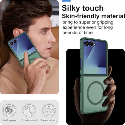 Pilaru for Samsung Galaxy Z Flip 7 case [Compatible with Magsafe] Translucent Matte Magnetic Phone Case,Slim Thin Duty Shockproof Protection Cover with 2pc HD Screen Protector-Dark Green