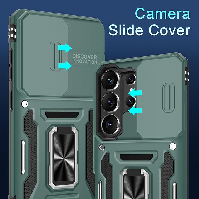 DEERLAMN Case for Samsung Galaxy S26 Ultra 6.9-Inch with Slide Camera Cover+Screen Protector(1 Pack), Rotated Ring Kickstand Military Grade Shockproof Protective Cover-Green